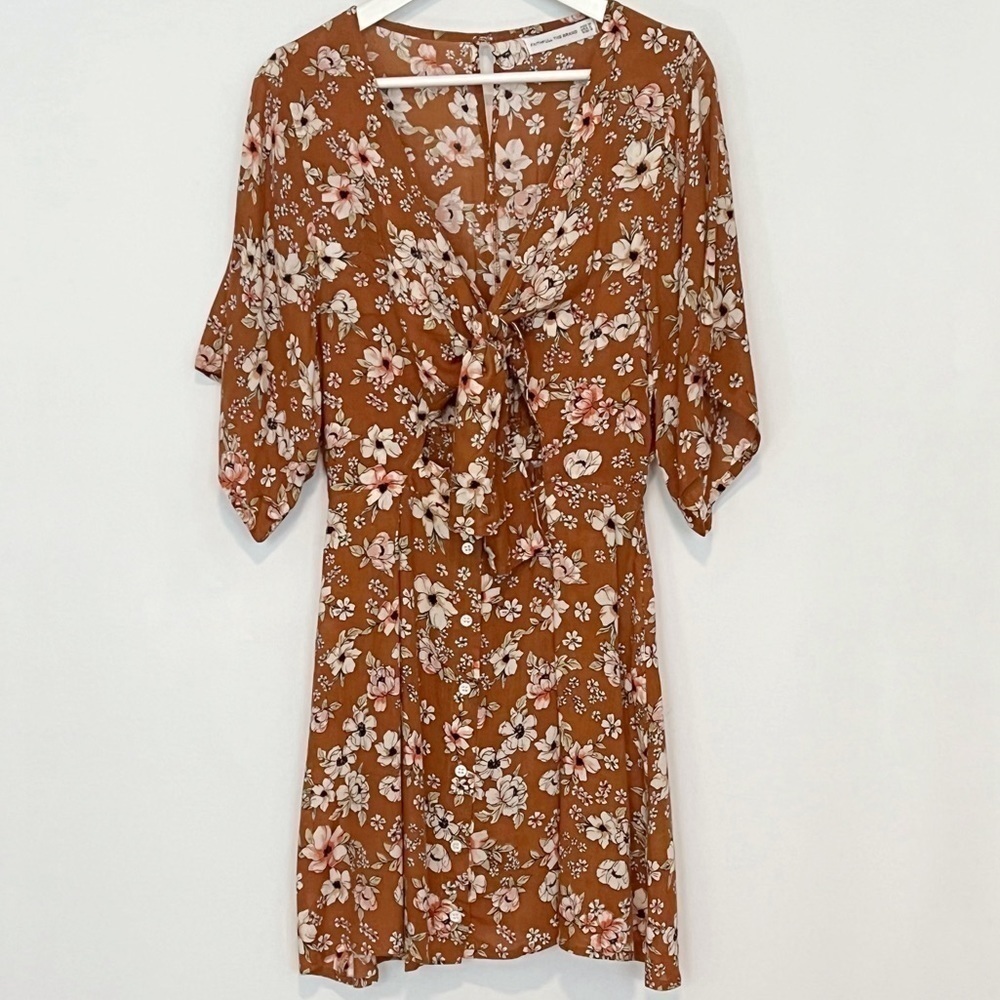 Faithfull The Brand Vinci Mini Dress Brown Floral Tie Front Size 6 - Picture 2 of 9